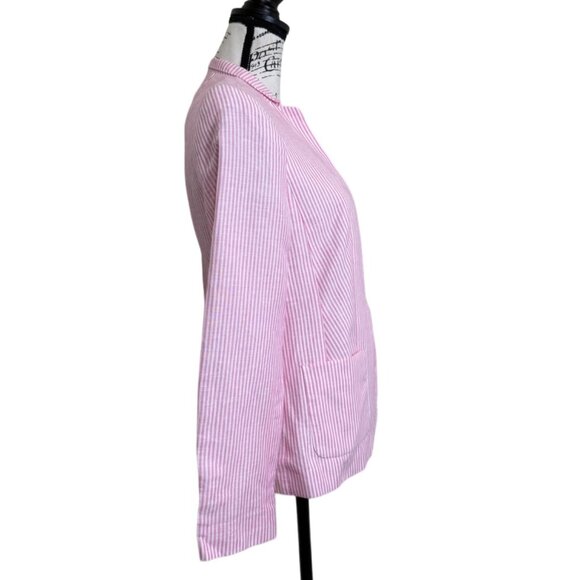 Talbots Women's Blazer Aberdeen Linen Blend Pink Striped Seersucker Size 4 - Picture 2 of 7